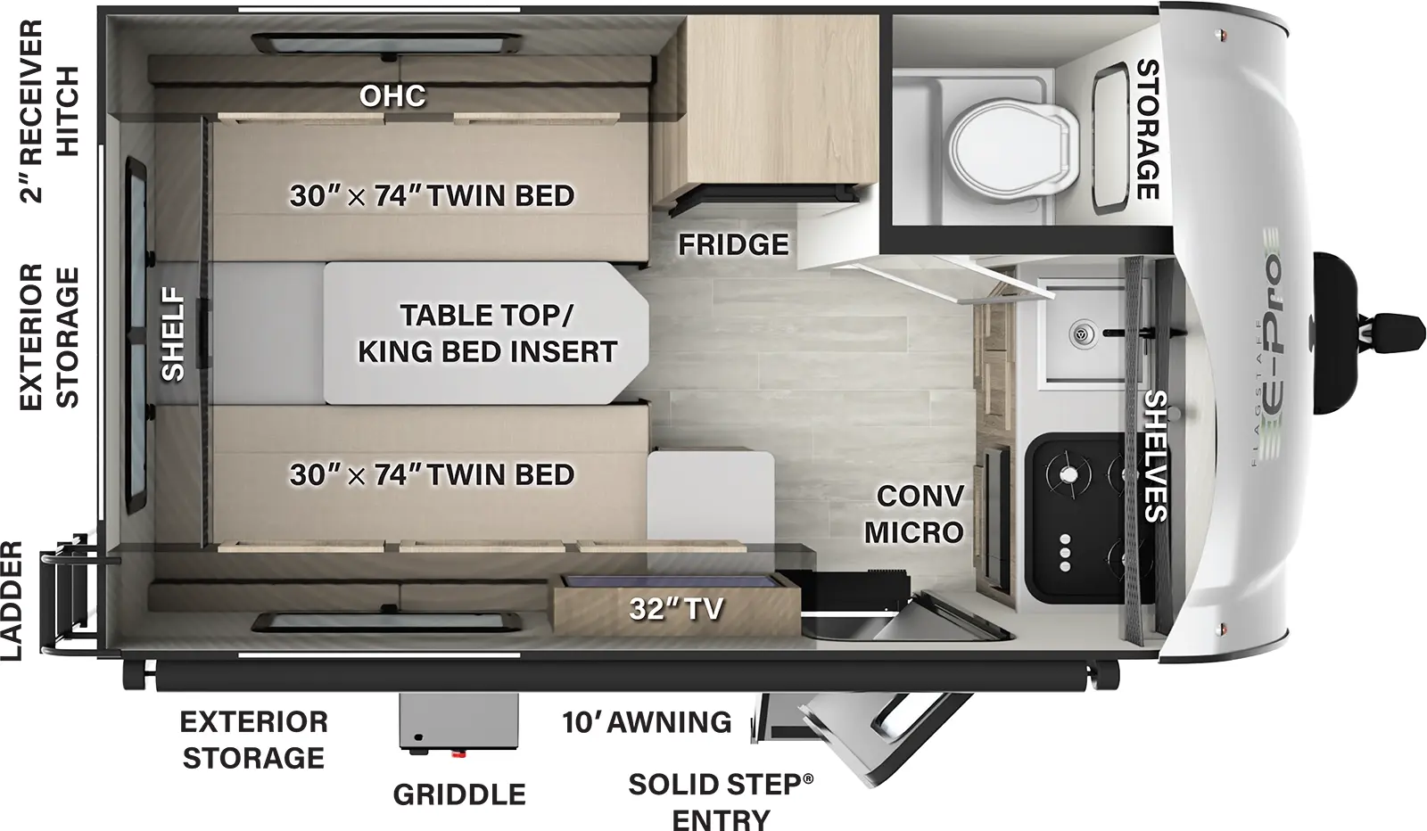 The E15TB has no slide outs and 1 entry. Exterior features include exterior storage, 10 foot awning, solid step entry, ladder, and 2 inch receiver hitch. Interior layout front to back: off-door side wet bathroom, door side kitchen counter with sink, convection microwave, and shelves; off-door side refrigerator; door side TV and entry; rear opposing twin beds with overhead cabinets, table top/king bed insert, and rear shelf above.